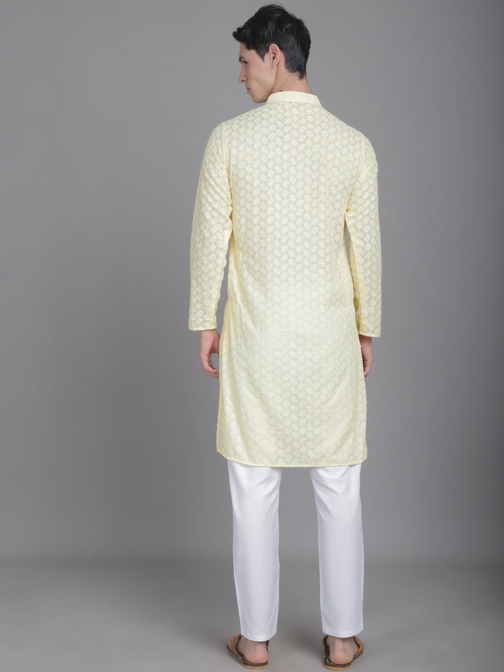 Sartorial Splendor Fancy Button Placket Embroidered Men's Kurta - Yellow