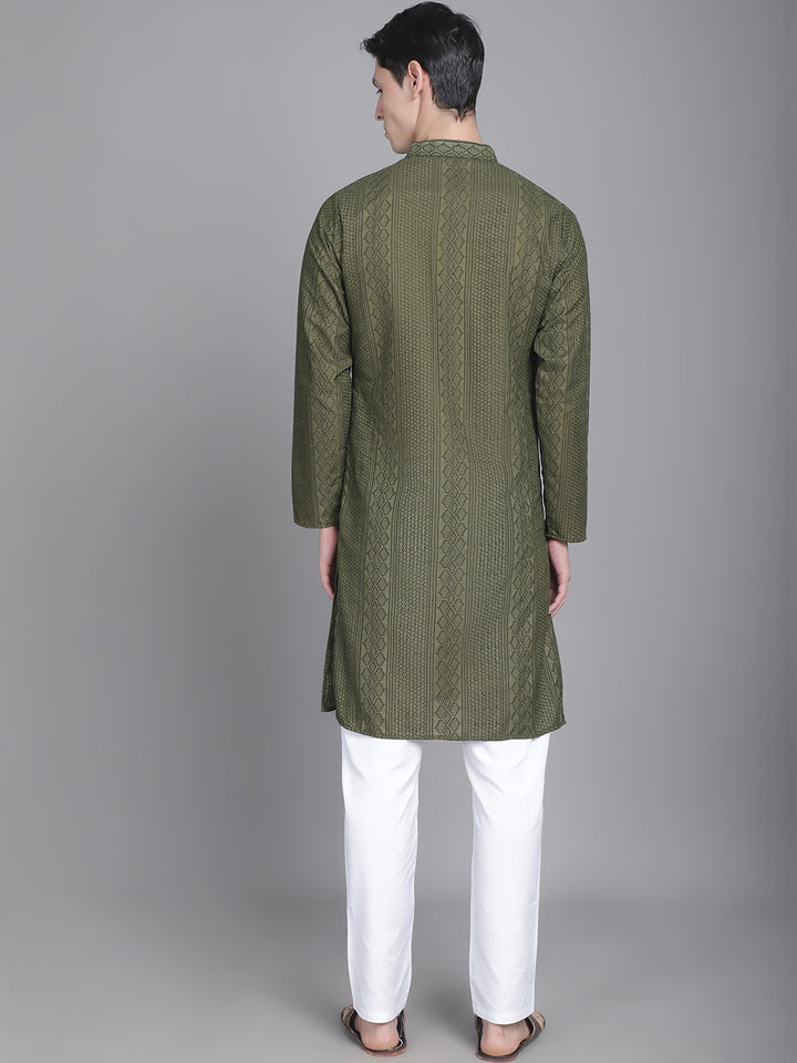 Regal Threads Double Placket Embroidered Men's Kurta - Mehndi