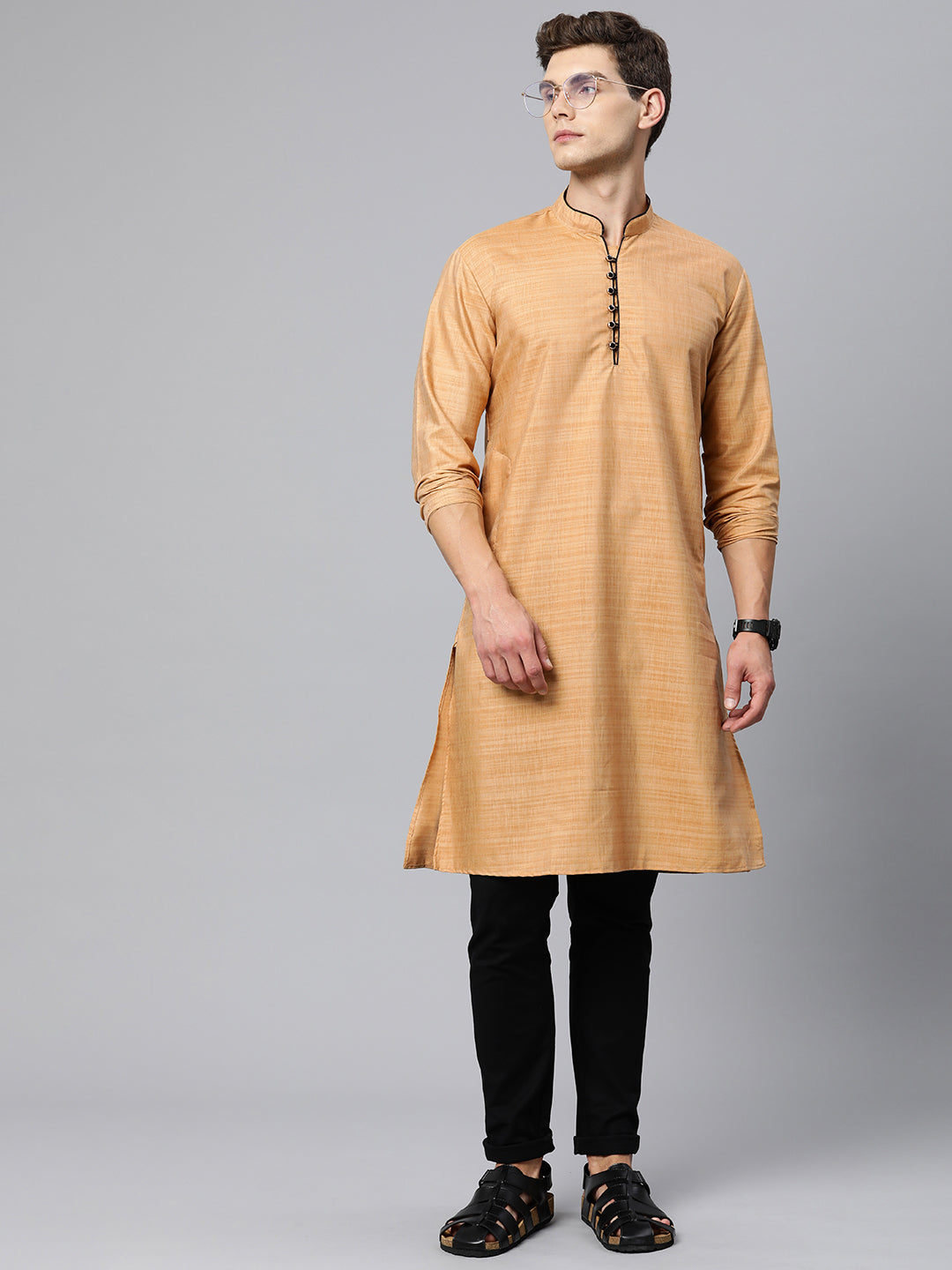 Majestic Man Regular Woven Design Fancy Long Kurta - Chiku