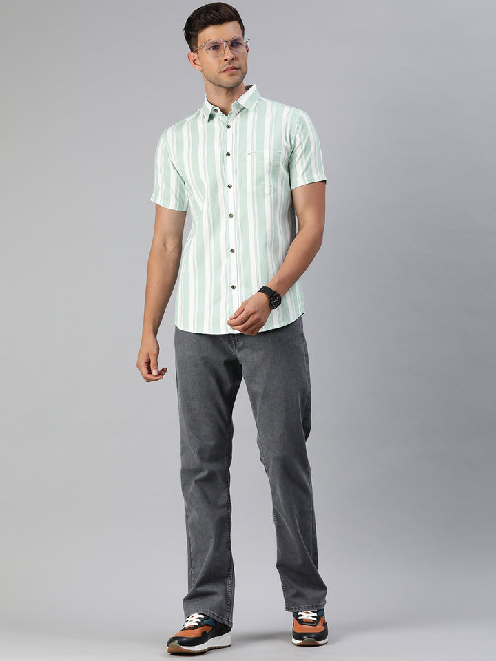 Majestic Man Pure Cotton Blocked Striped Half Sleeves Casual Shirt - Sea Green