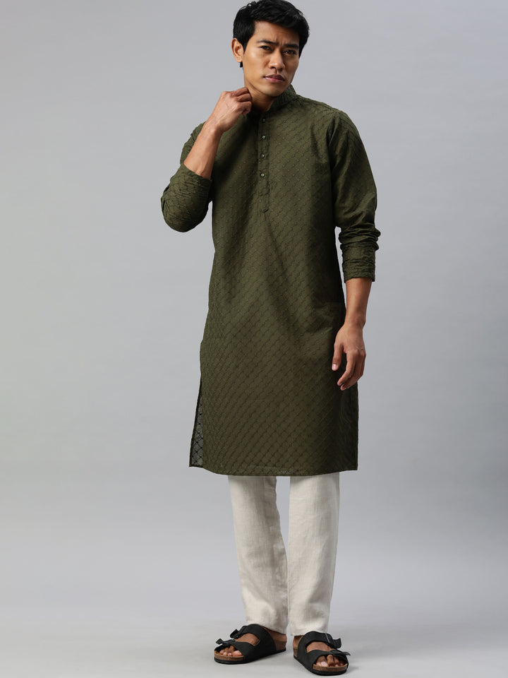 Majestic Man Ethnic Motifs Embroidered Long Kurta - Dark Green