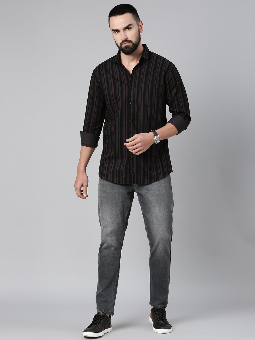 Men's Pure Cotton Slim Fit Striped Shirt - Grey