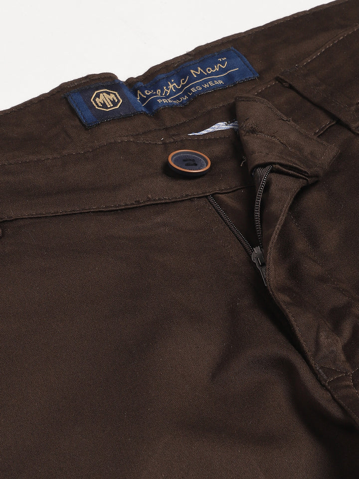 Majestic Man Regular Fit Satin Finish Cotton Casual Solid Chinos Trouser - Brown