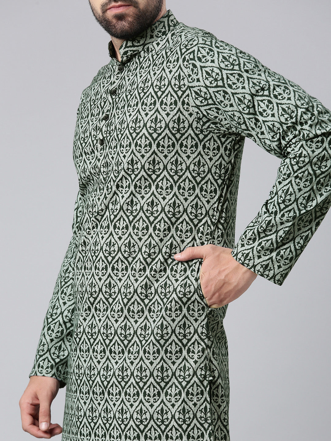 Men's Ethnic Artisanal Impressions Printed Cotton Kurta - Dark Green