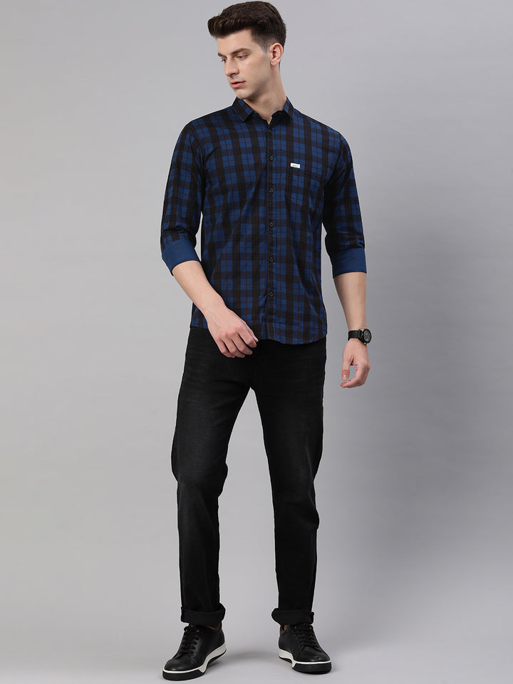 Majestic Man Checkered Slim fit Cotton Casual Shirt - Dark Blue