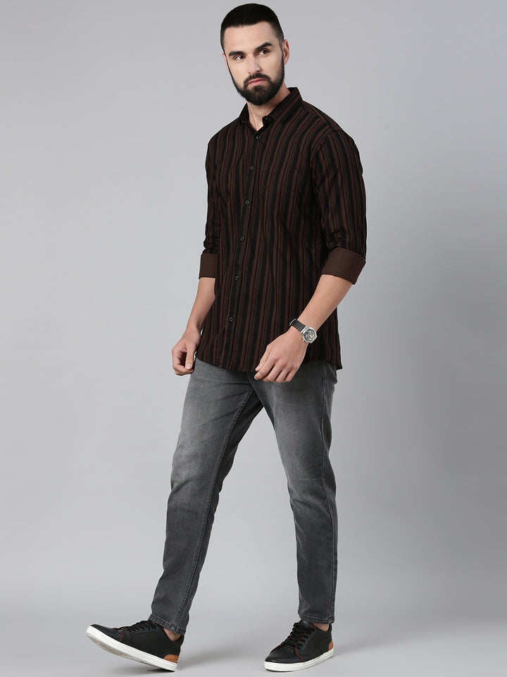 Men's Pure Cotton Slim Fit Striped Shirt - Brown