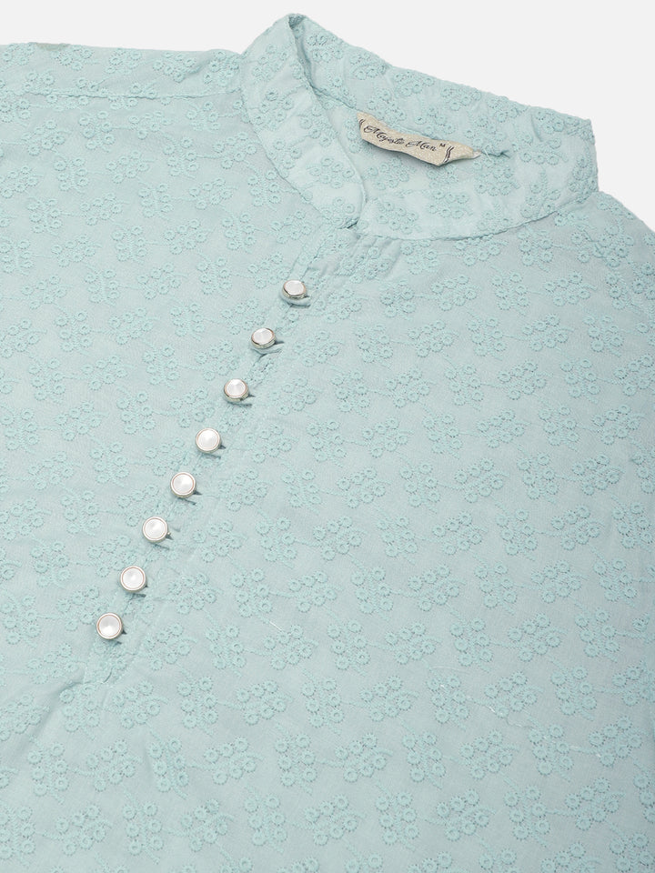 Sartorial Splendor Fancy Button Placket Embroidered Men's Kurta - Sea Green