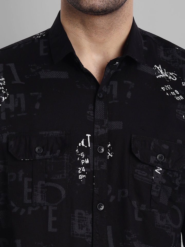 Printed Pure Cotton Cargo Shirt - Black