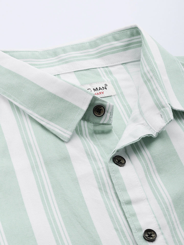 Majestic Man Pure Cotton Blocked Striped Half Sleeves Casual Shirt - Sea Green