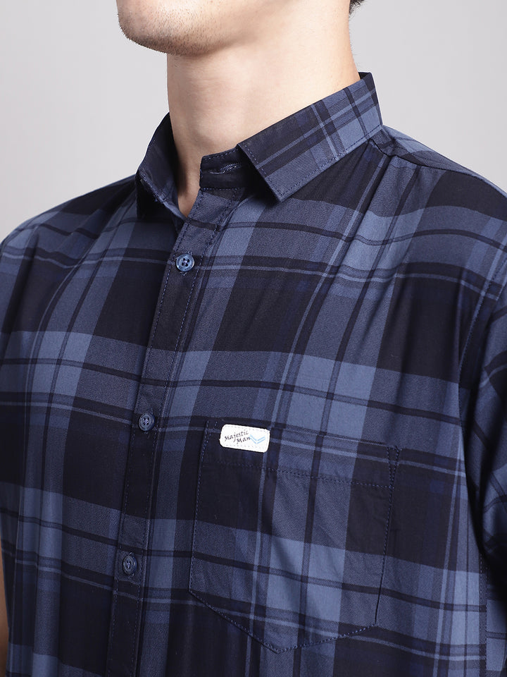 Majestic Man Cotton Casual Checkered Half Sleeve Shirt - Blue