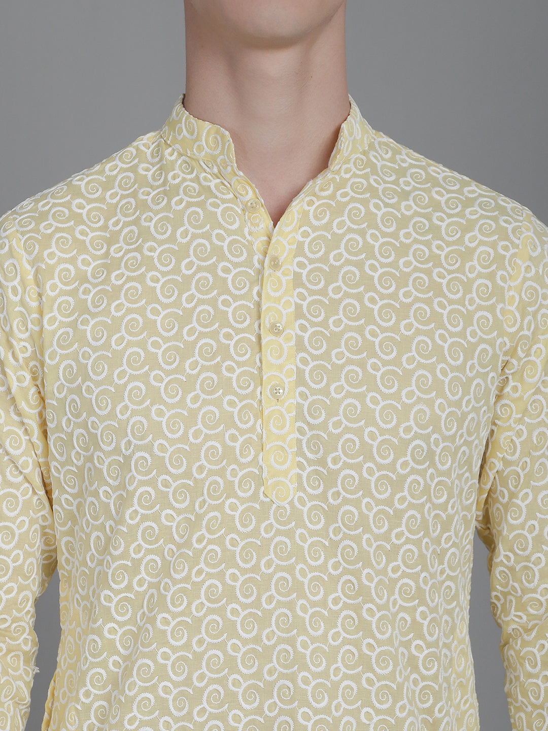 Cotton Comfort men's Kurta with Overall Embroidery - Yellow