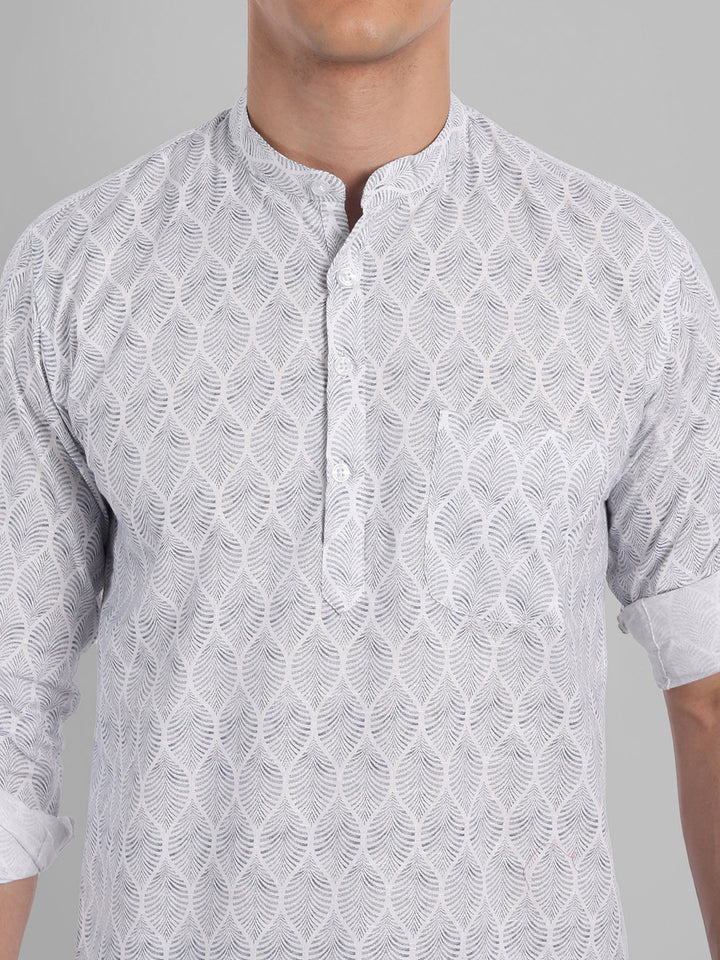 Nature elegance Leaf Printed Pure Cotton Short Kurta - White