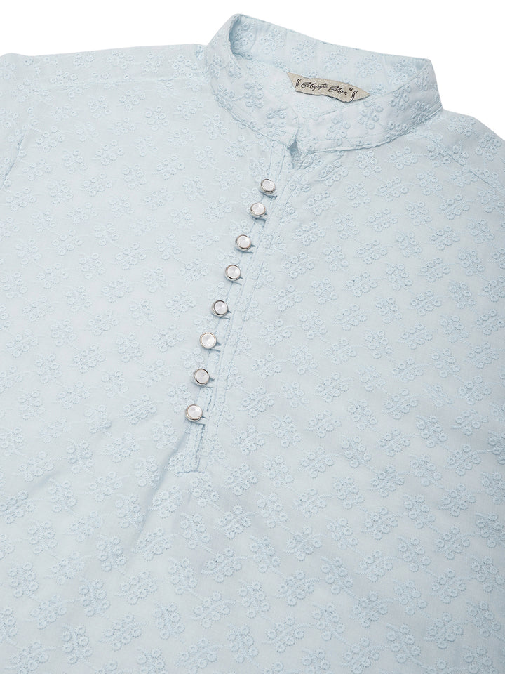 Sartorial Splendor Fancy Button Placket Embroidered Men's Kurta - Light Blue