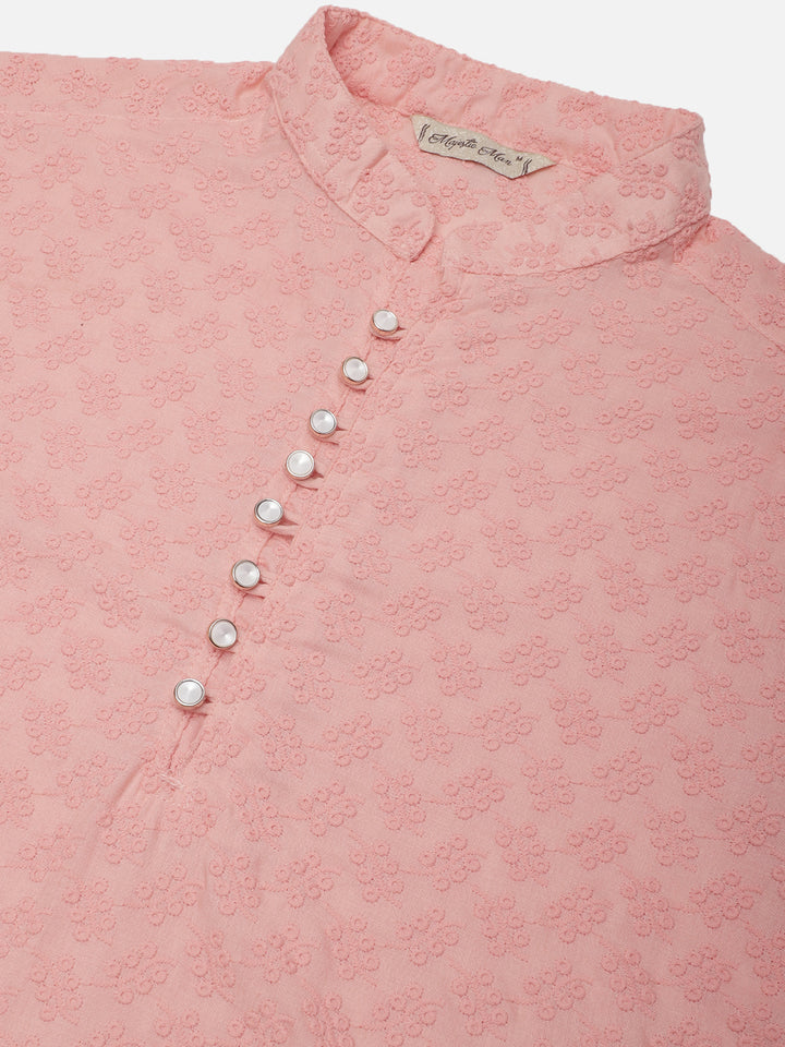 Sartorial Splendor Fancy Button Placket Embroidered Men's Kurta - Peach