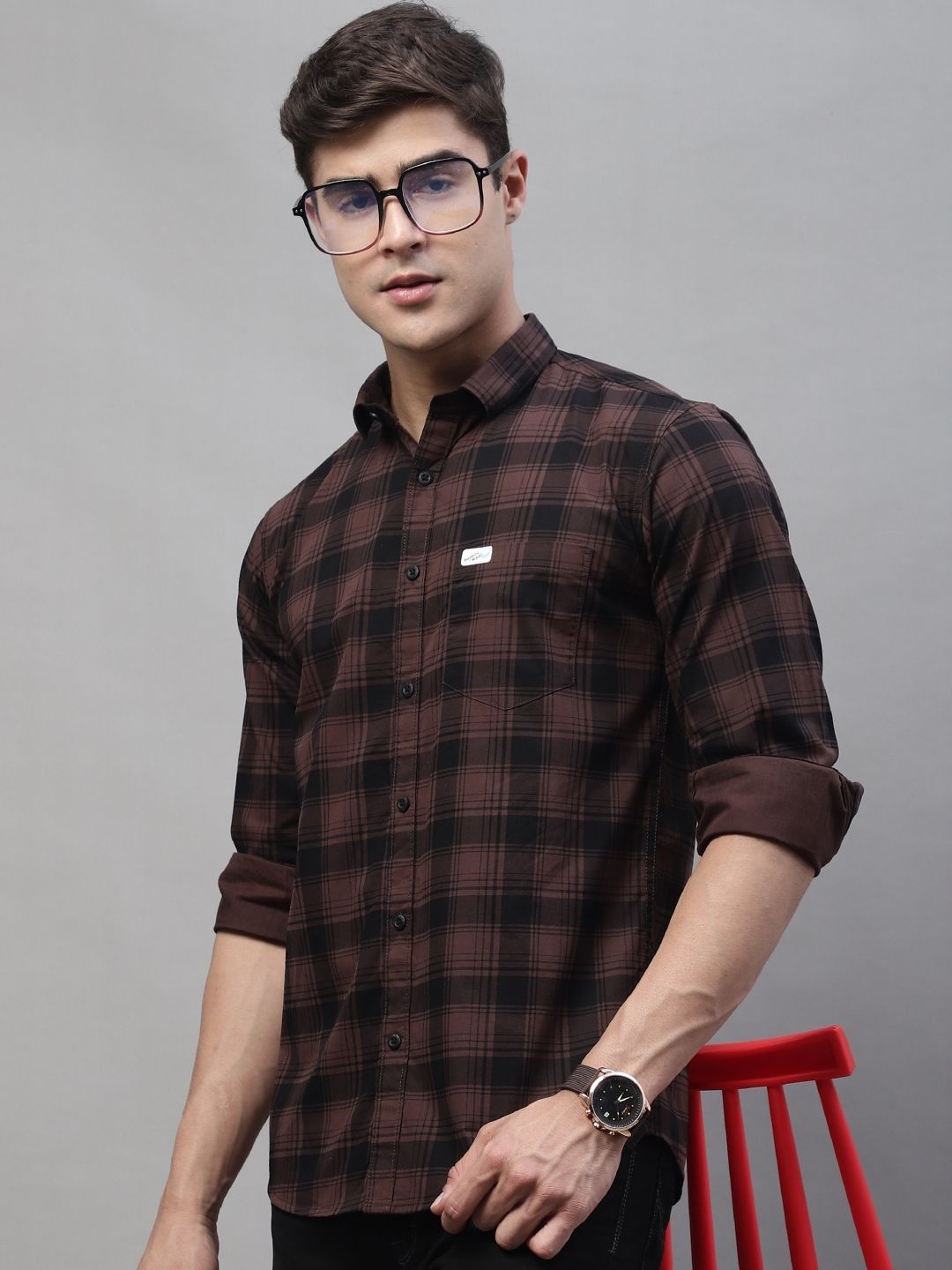 Pure Cotton Checkered Shirt - Brown