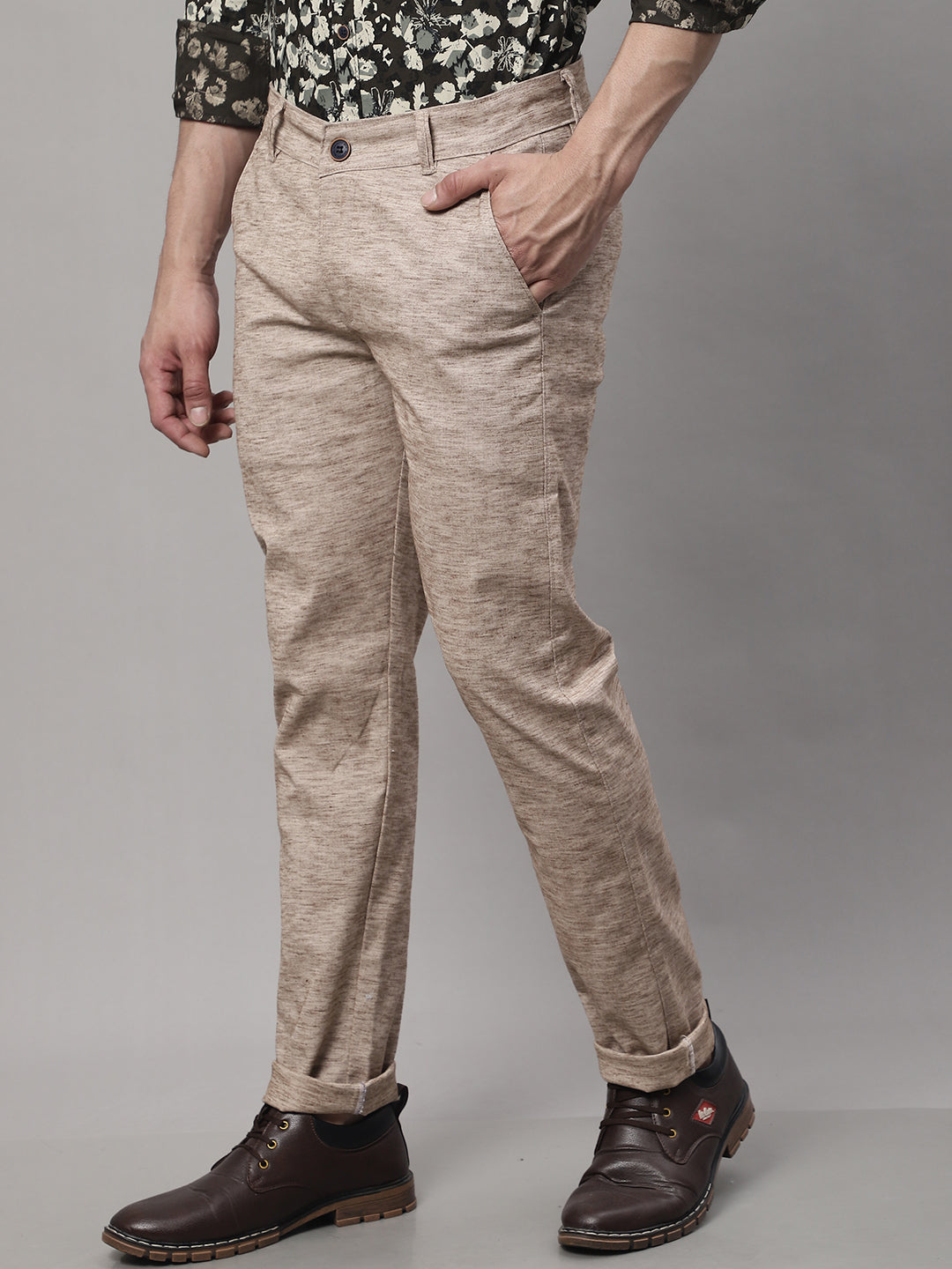 Majestic Man Regular Fit Pattern Finish Cotton Casual Solid Chinos Trouser - Brown