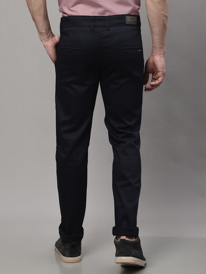 Majestic Man Regular Fit Satin Finish Cotton Casual Solid Chinos Trouser - Navy Blue