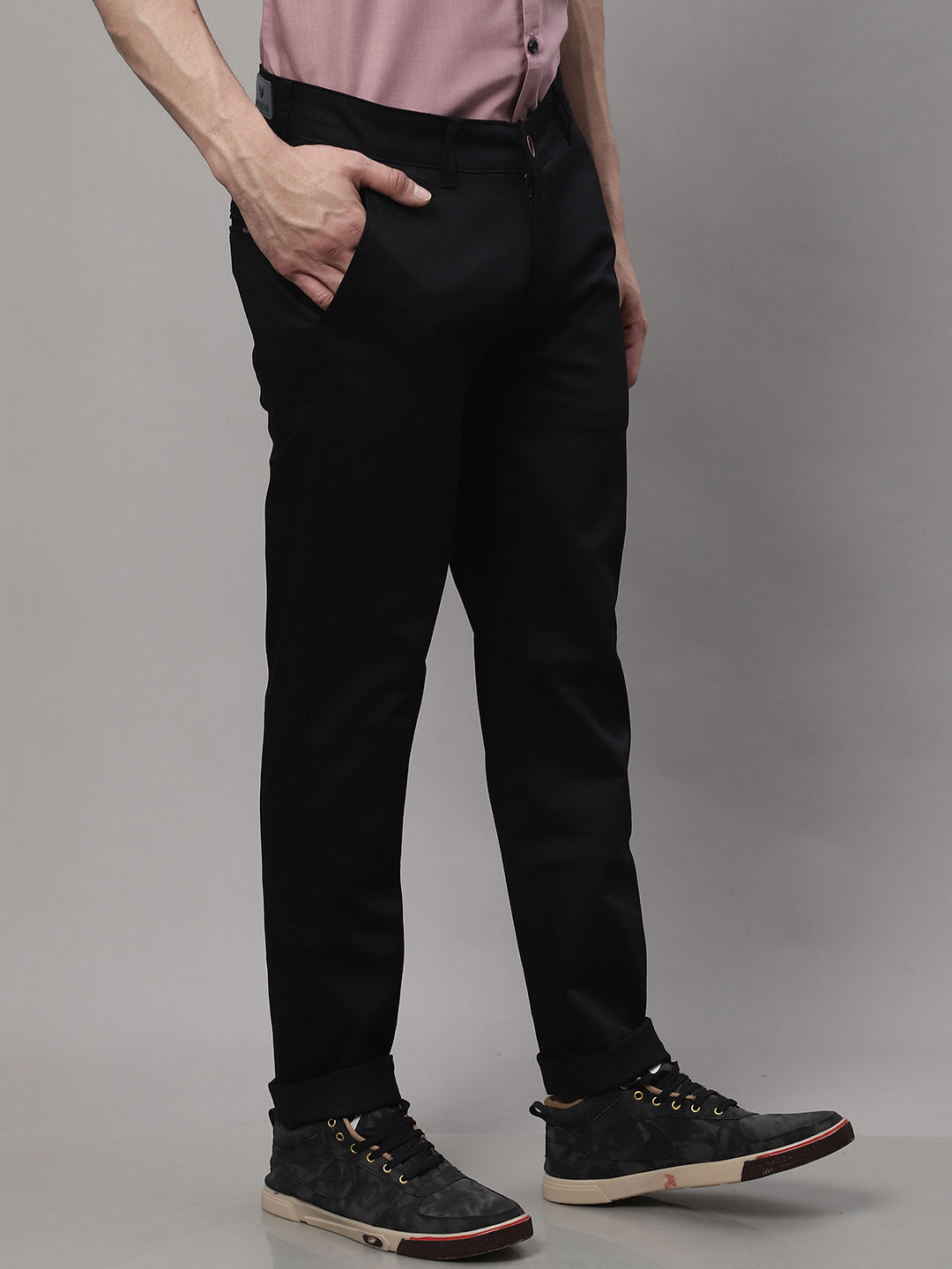 Majestic Man Regular Fit Satin Finish Cotton Casual Solid Chinos Trouser - Black
