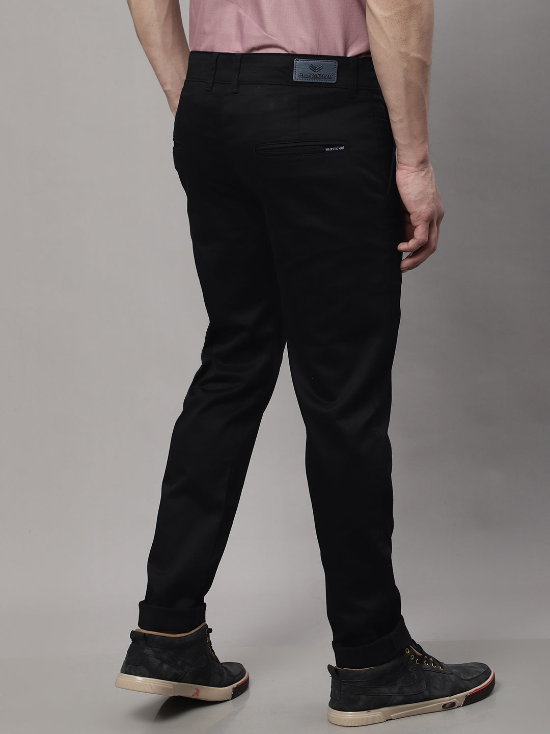 Majestic Man Regular Fit Satin Finish Cotton Casual Solid Chinos Trouser - Black