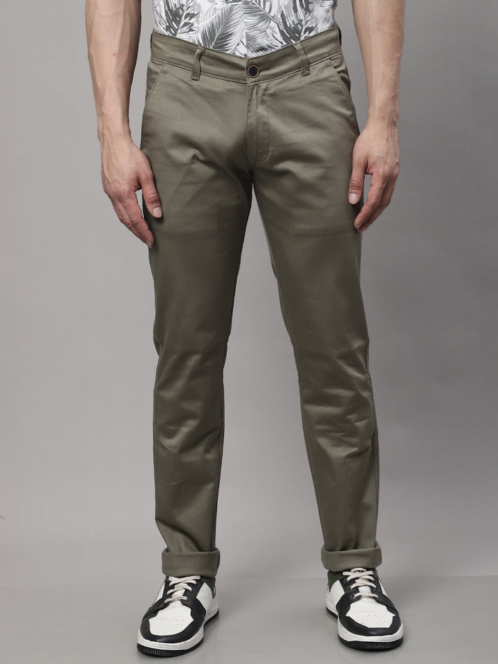 Majestic Man Regular Fit Satin Finish Cotton Casual Solid Chinos Trouser - Olive