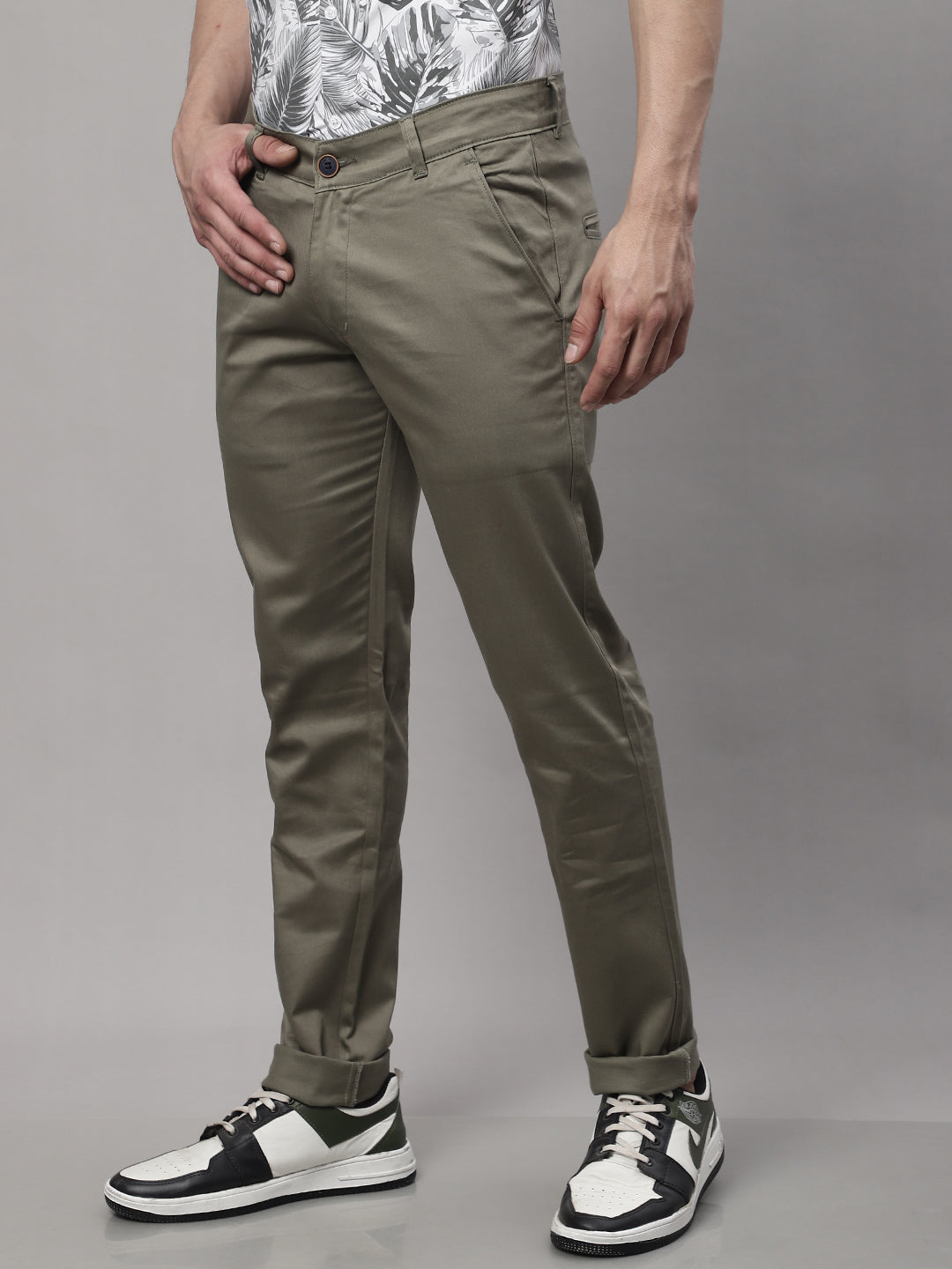 Majestic Man Regular Fit Satin Finish Cotton Casual Solid Chinos Trouser - Olive